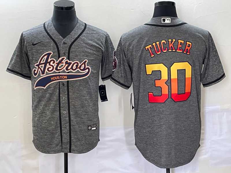 Mens Houston Astros #30 Kyle Tucker Grey Gridiron Cool Base Stitched Baseball Jersey